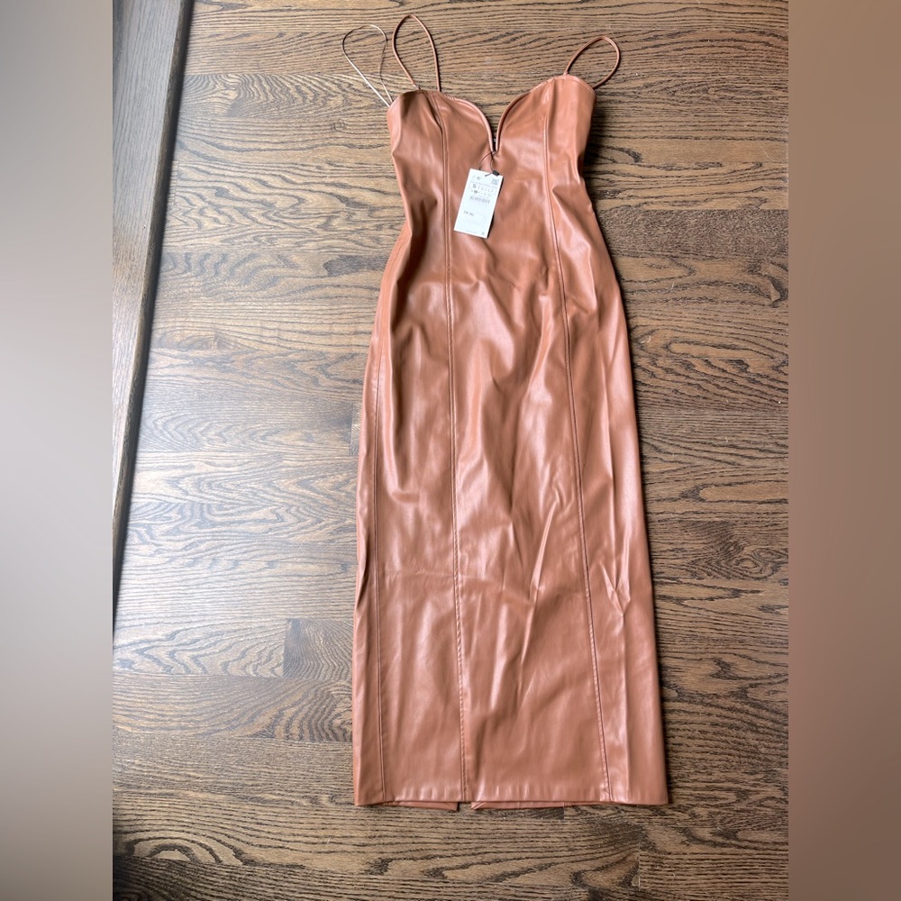 *NWT* Zara Brown Leather MIDI Dress Size Small